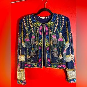 Vintage Laurence Kazar Beaded Sequins Tassel Design silk blue jacket